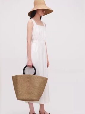 Woven Straw Tote Bag with Black Circle Handles - Tan